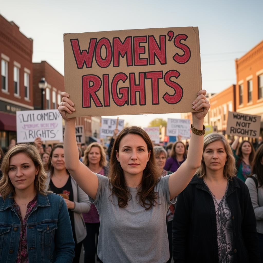 Women holding a hand-painted Women's Rights sign at a rally in a small Idaho town