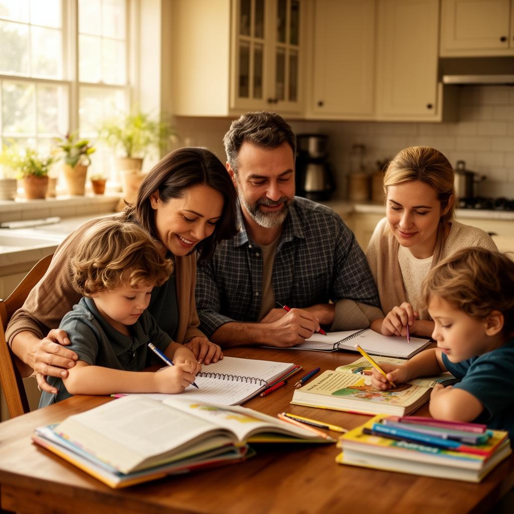 A family with two young children working on homework together at the kitchen table